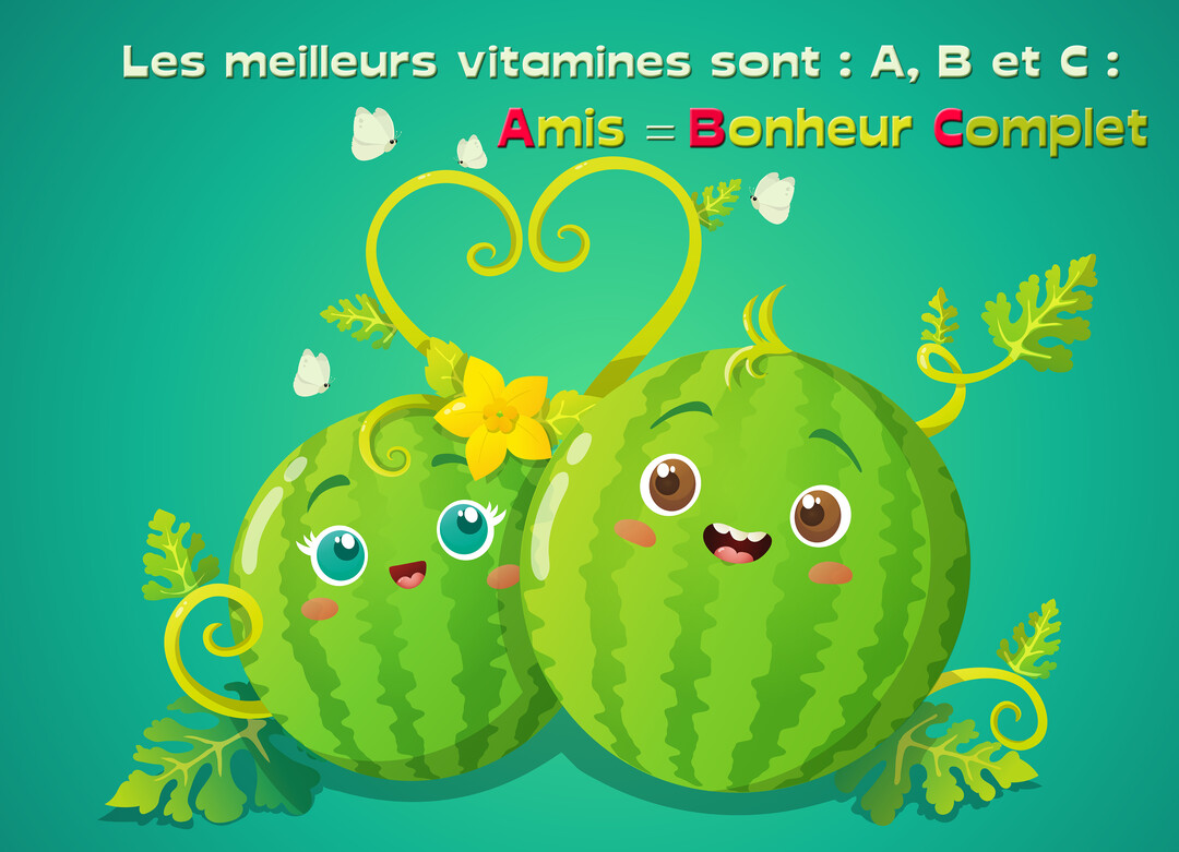 Deux personnages pastèques de style kawaii se sourient, leurs tiges formant un cœur sur un fond vert-turquoise avec un texte humoristique sur l'amitié.