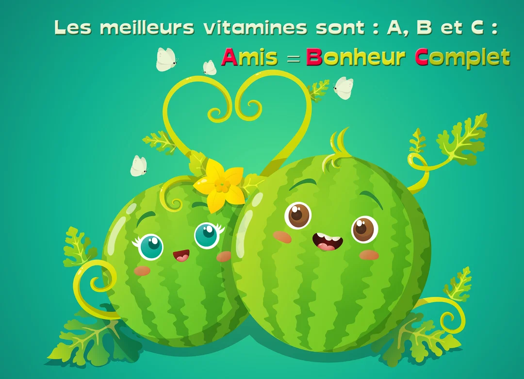 Deux personnages pastèques de style kawaii se sourient, leurs tiges formant un cœur sur un fond vert-turquoise avec un texte humoristique sur l'amitié.