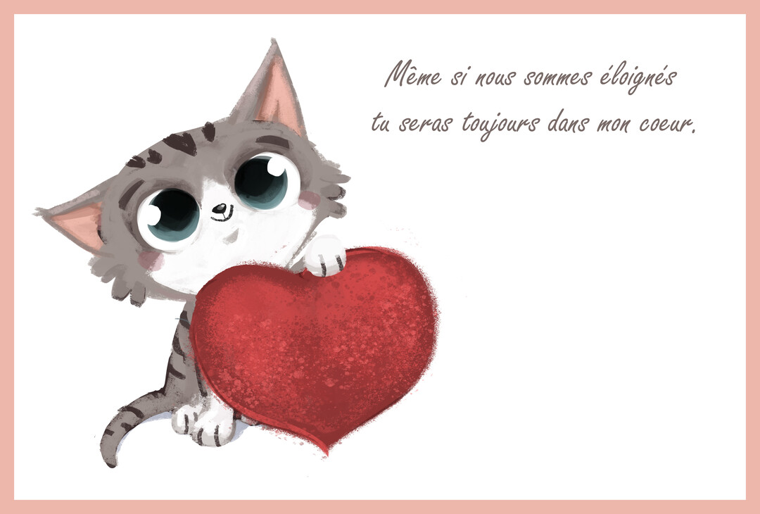 Un chaton gris tigré avec de grands yeux bleus est assis et serre un grand cœur rouge contre lui sur un fond blanc.