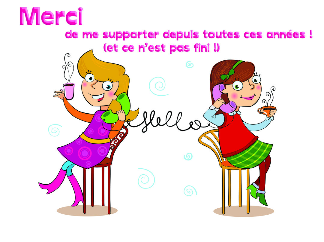 Deux femmes de style dessin animé se parlent au téléphone, assises sur des chaises, avec un message de remerciement humoristique pour une amitié durable.