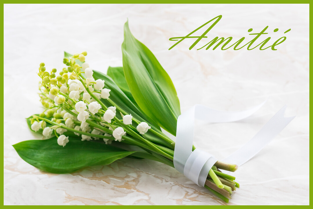 Un petit bouquet de muguet aux clochettes blanches et feuilles vertes, lié par un ruban blanc, est posé sur une surface en marbre.
