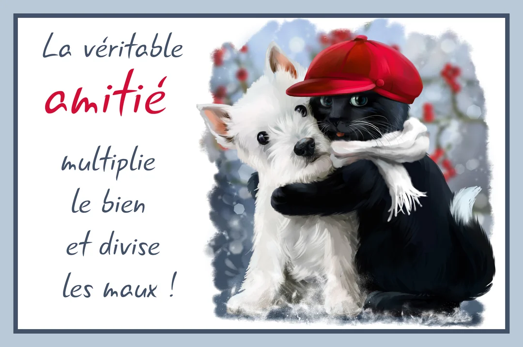 Un chat noir portant une casquette rouge et une écharpe blanche enlace tendrement un petit chien blanc de type Westie dans la neige.