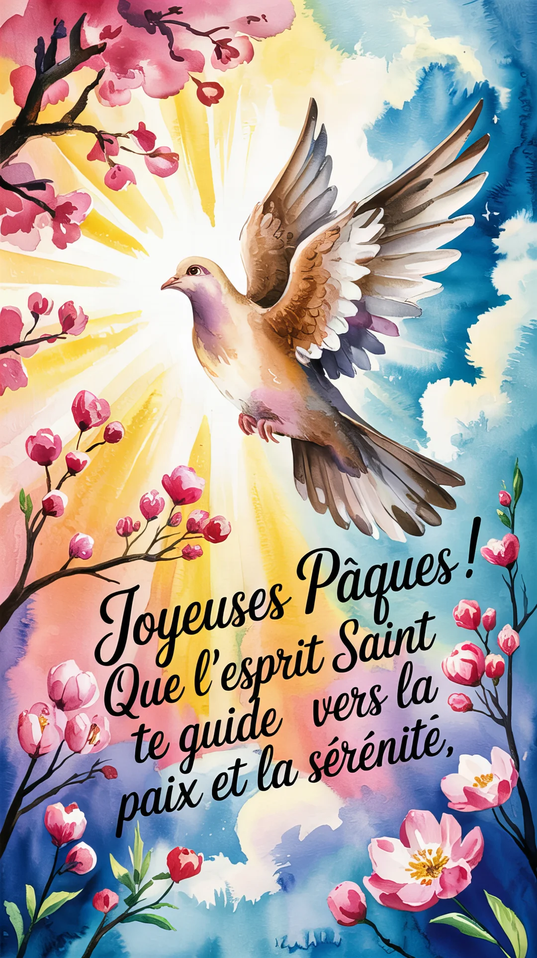 Une colombe vole au centre d'une composition à l'aquarelle, baignée de lumière jaune et entourée de branches fleuries roses sur fond bleu.