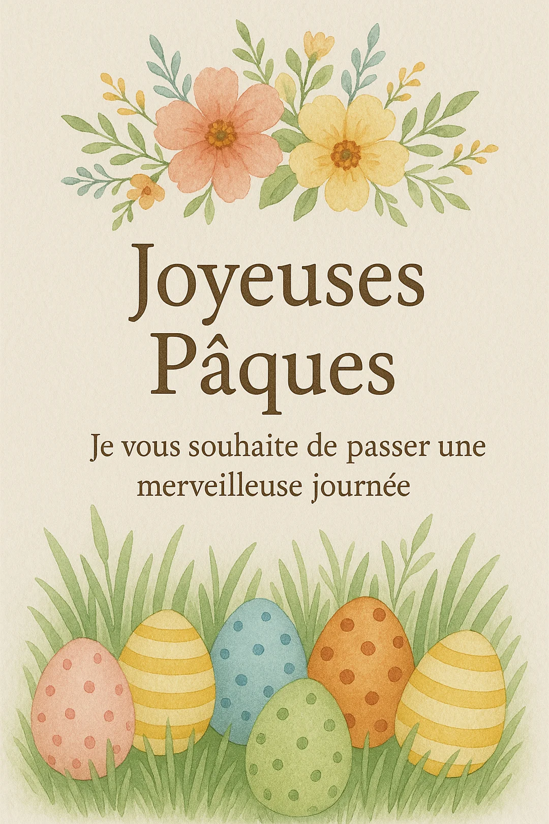 Une carte de Pâques style aquarelle avec des fleurs en haut, le texte 'Joyeuses Pâques' au centre, et des œufs décorés dans l'herbe en bas.