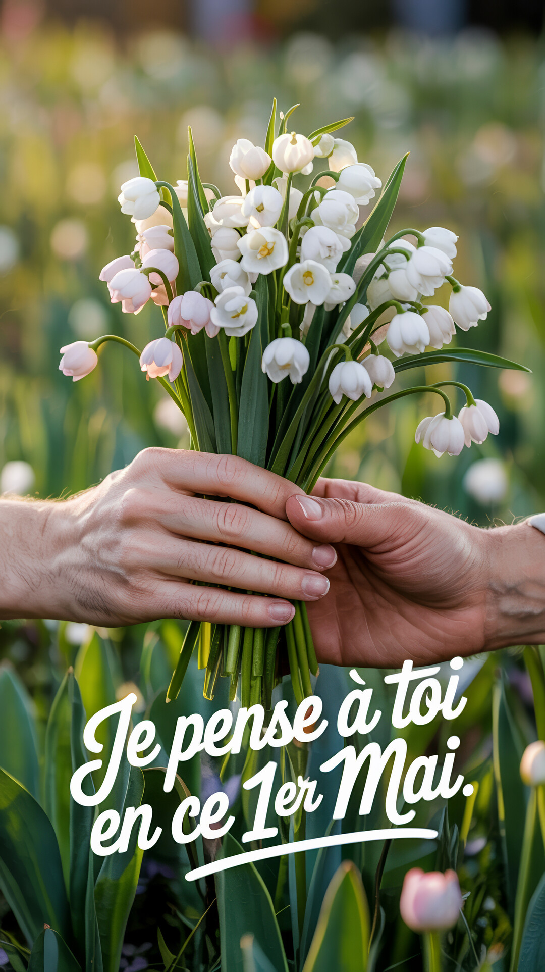 En gros plan, deux personnes s'échangent un bouquet de nivéoles blanches sur un fond de verdure printanière baigné de lumière dorée.