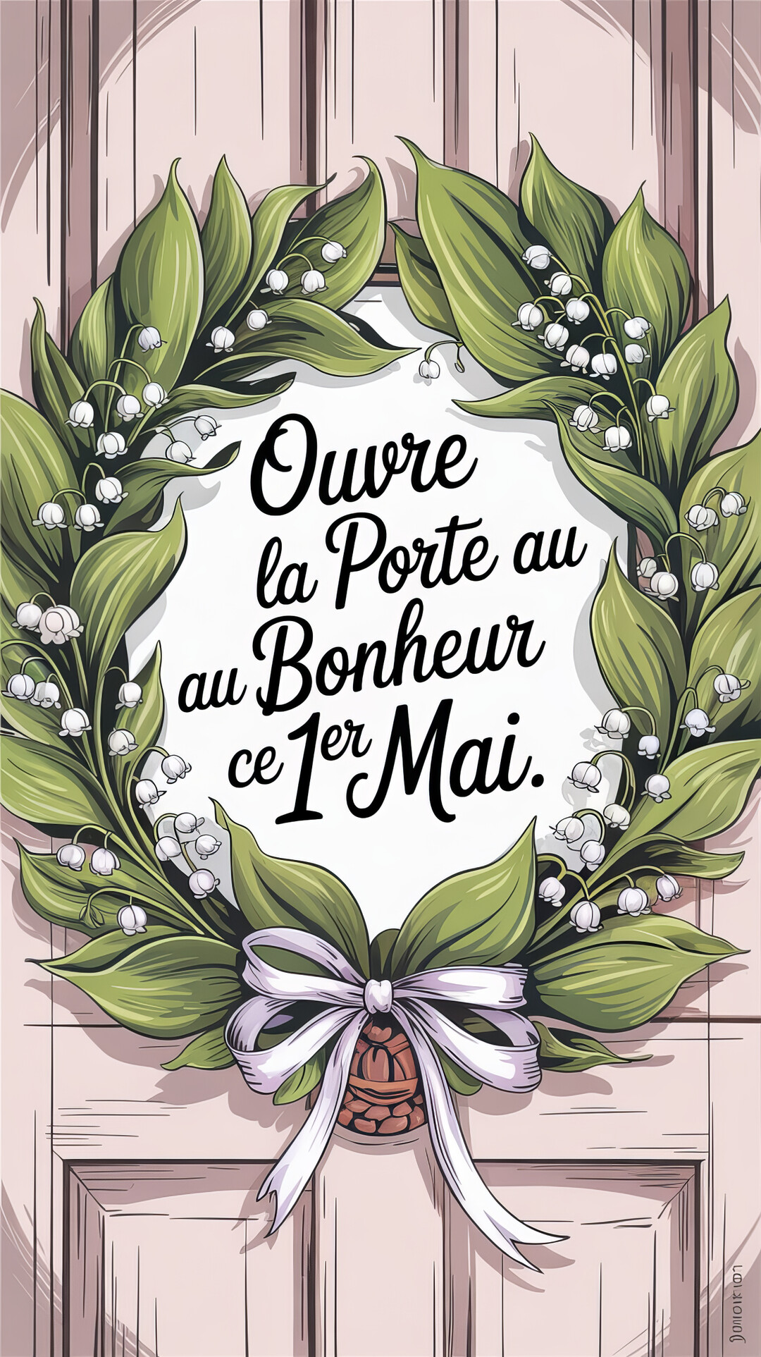 Une couronne de muguet luxuriante avec un ruban blanc est accrochée sur une porte en bois rose, encadrant un vœu de bonheur.