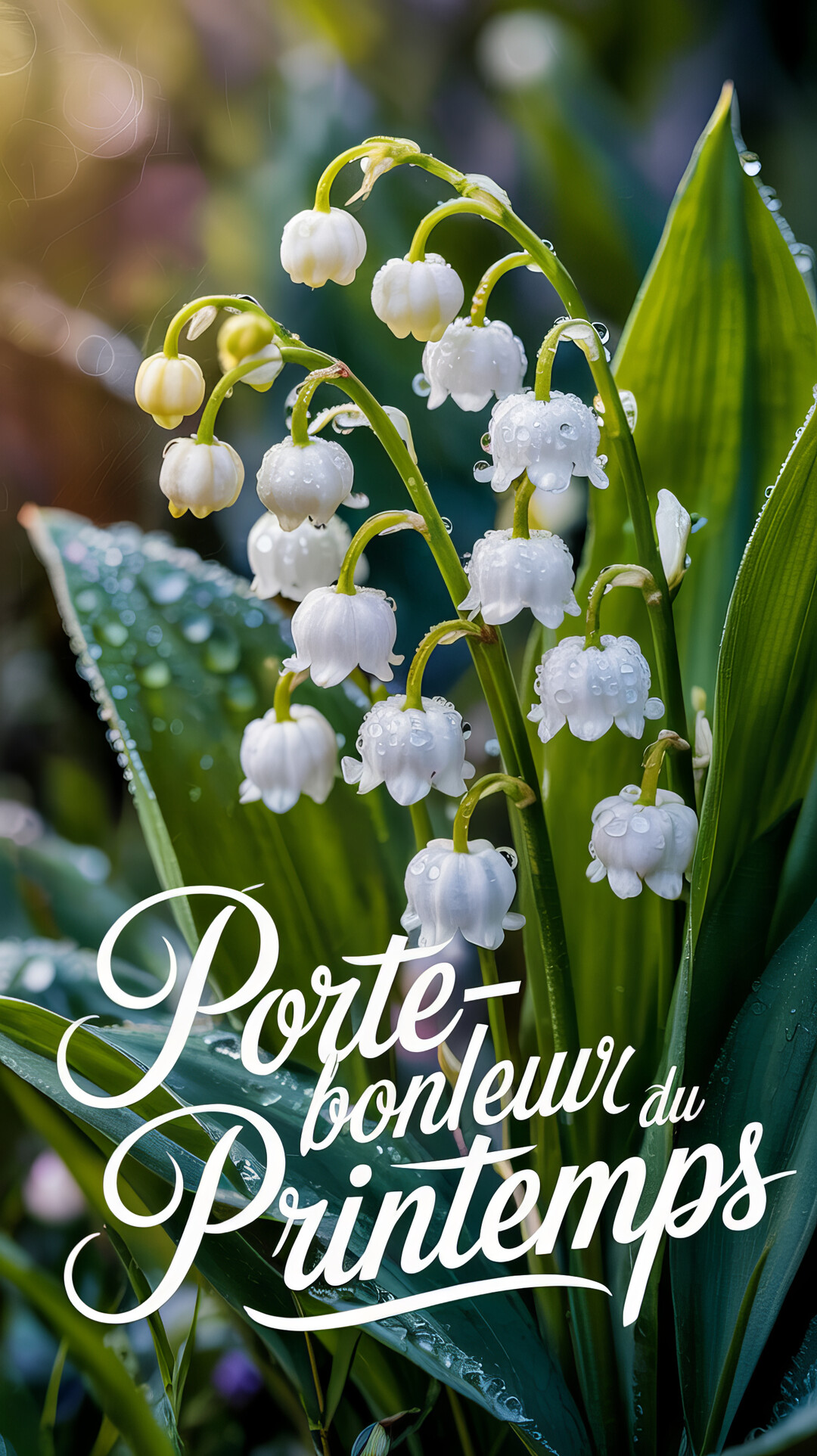 Gros plan sur plusieurs brins de muguet aux clochettes blanches perlées de rosée, sur un fond de feuilles vertes et de lumière douce.