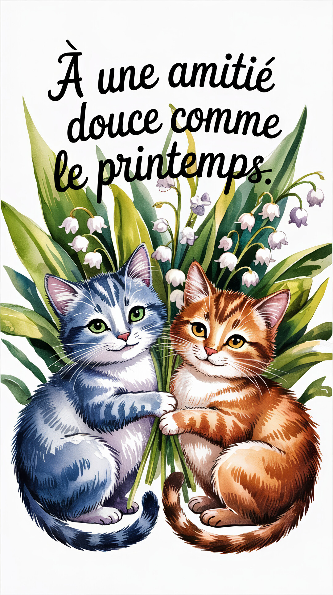 Deux adorables chatons illustrés, un gris et un roux, sont assis côte à côte et tiennent ensemble un grand bouquet de muguet.