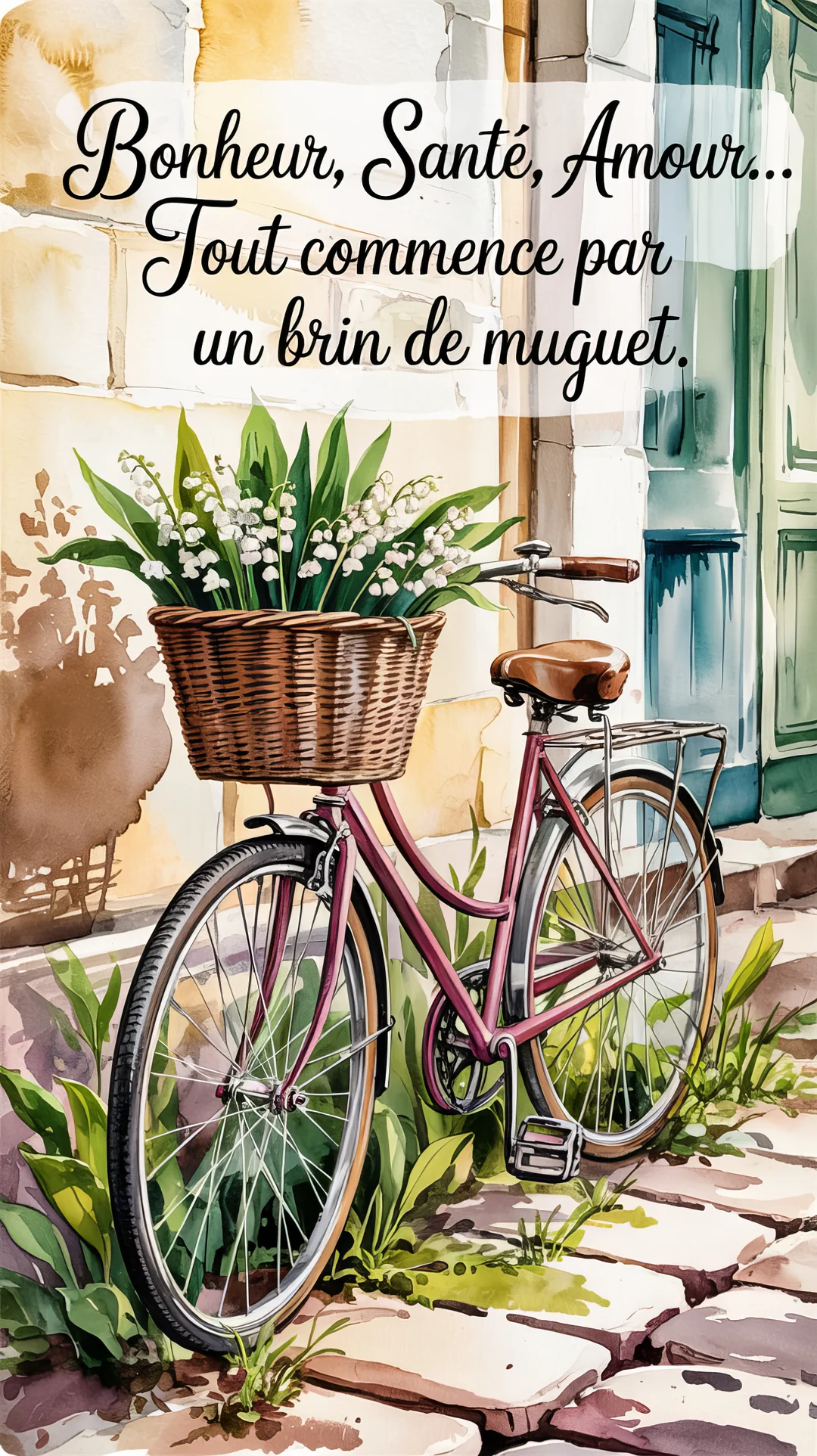 Une illustration à l'aquarelle d'un vélo rose vintage avec un panier avant rempli de brins de muguet, garé dans une rue pavée.