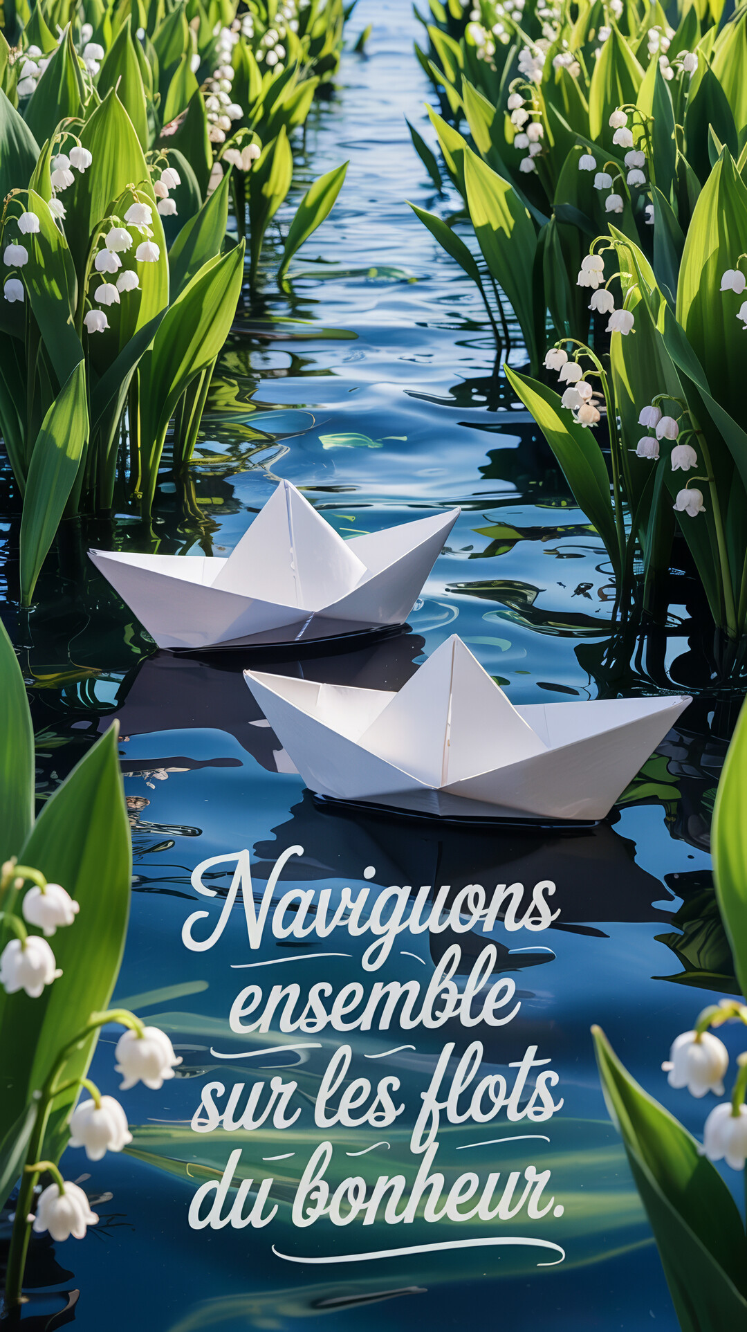 Deux bateaux en papier blanc voguent sur une eau bleue calme, bordée de chaque côté par des plants de muguet en fleurs.
