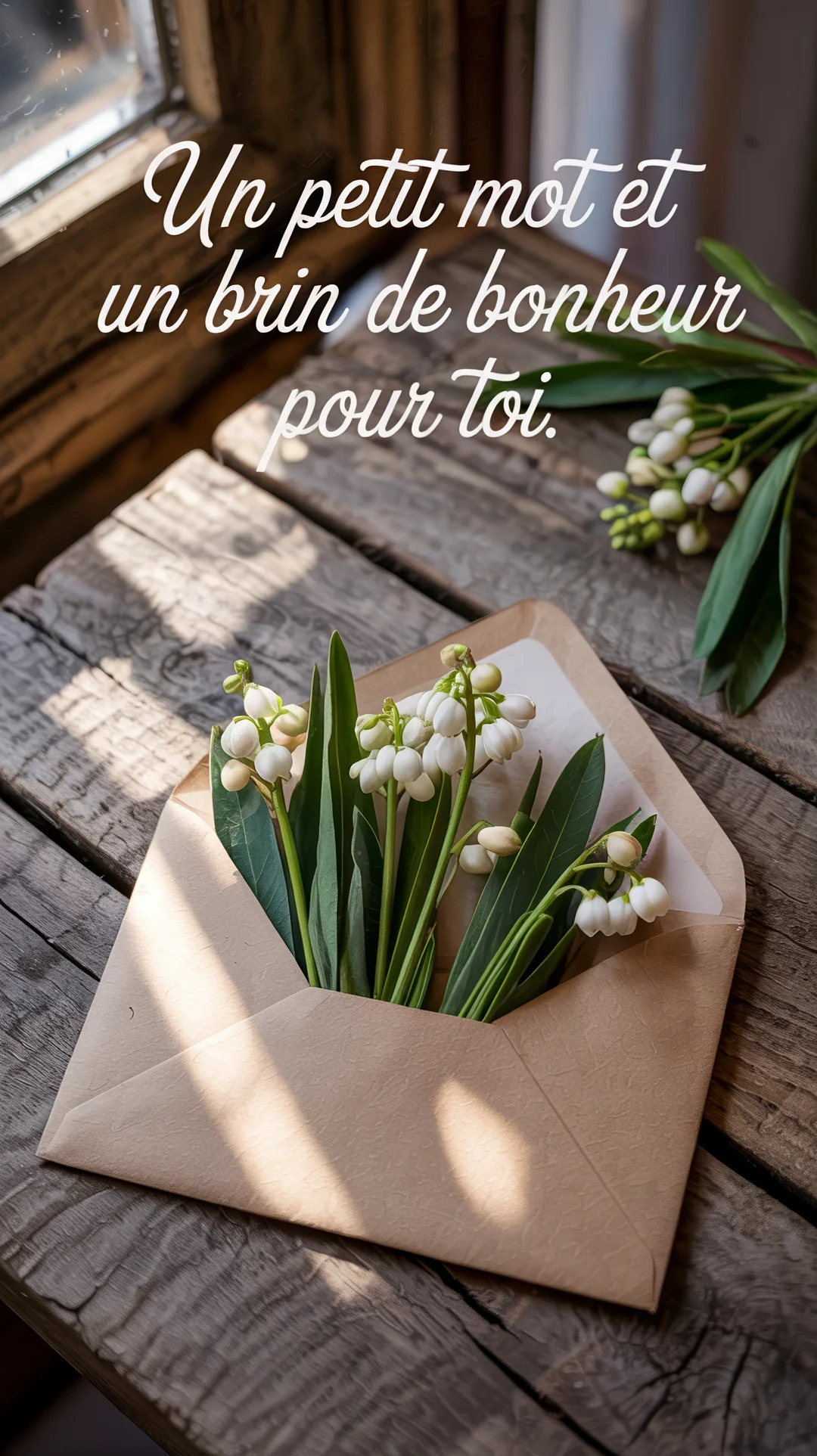 Une composition photographique montre des brins de muguet frais émergeant d'une enveloppe en papier kraft, posée sur une surface en bois vieilli.