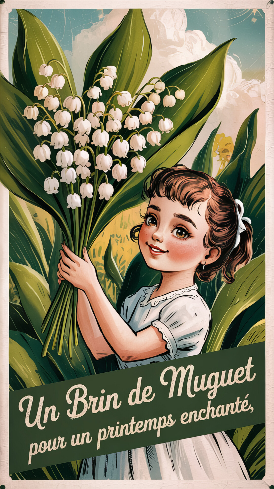 Une illustration rétro d'une jeune fille aux yeux brillants tenant un grand bouquet de muguet, avec un ciel nuageux en arriÚre-plan.