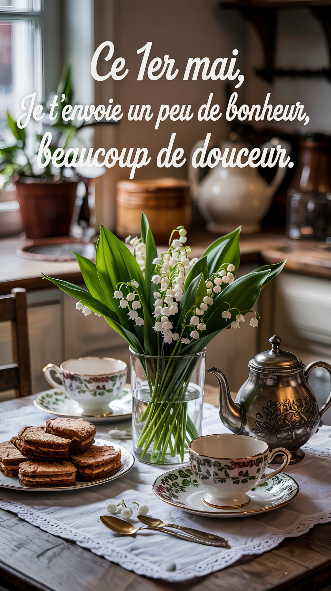 Une scène d'intérieur chaleureuse montre un bouquet de muguet sur une table dressée pour le thé, avec biscuits et vaisselle vintage.