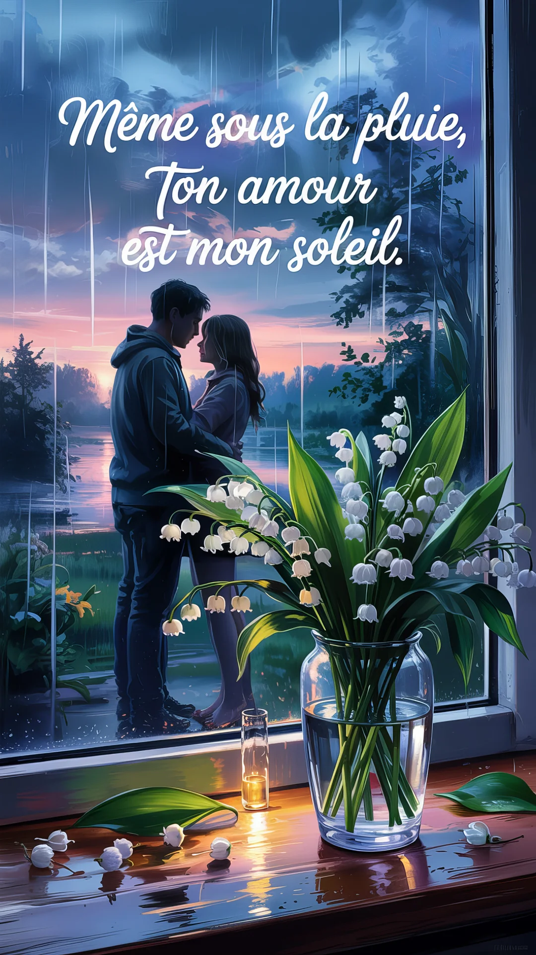 Vue depuis l'intérieur, un couple s'embrasse dehors sous la pluie au crépuscule, près d'une fenêtre avec un vase de muguet au premier plan.