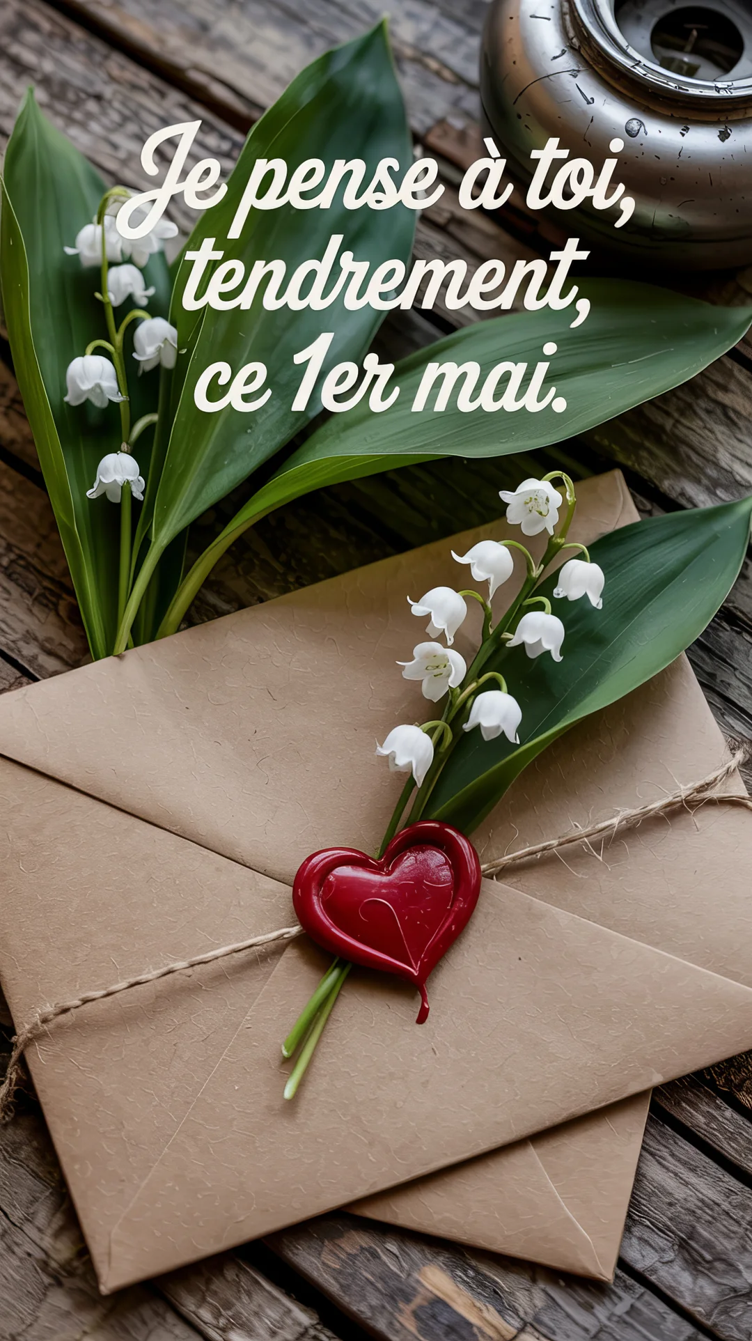 Une enveloppe rustique scellée d'un cœur en cire rouge, avec des brins de muguet, le tout posé sur une table en bois.