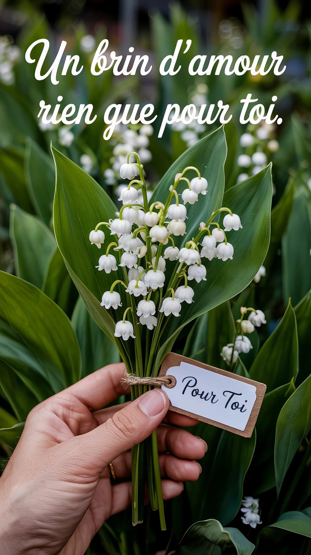 Une main masculine tient un bouquet de muguet avec ses clochettes blanches et ses feuilles vertes, sur un fond végétal flou.