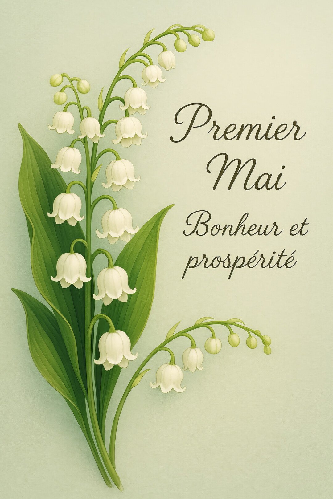 Une illustration de style botanique de plusieurs tiges de muguet avec leurs clochettes blanches et feuilles vertes sur un fond vert pâle.