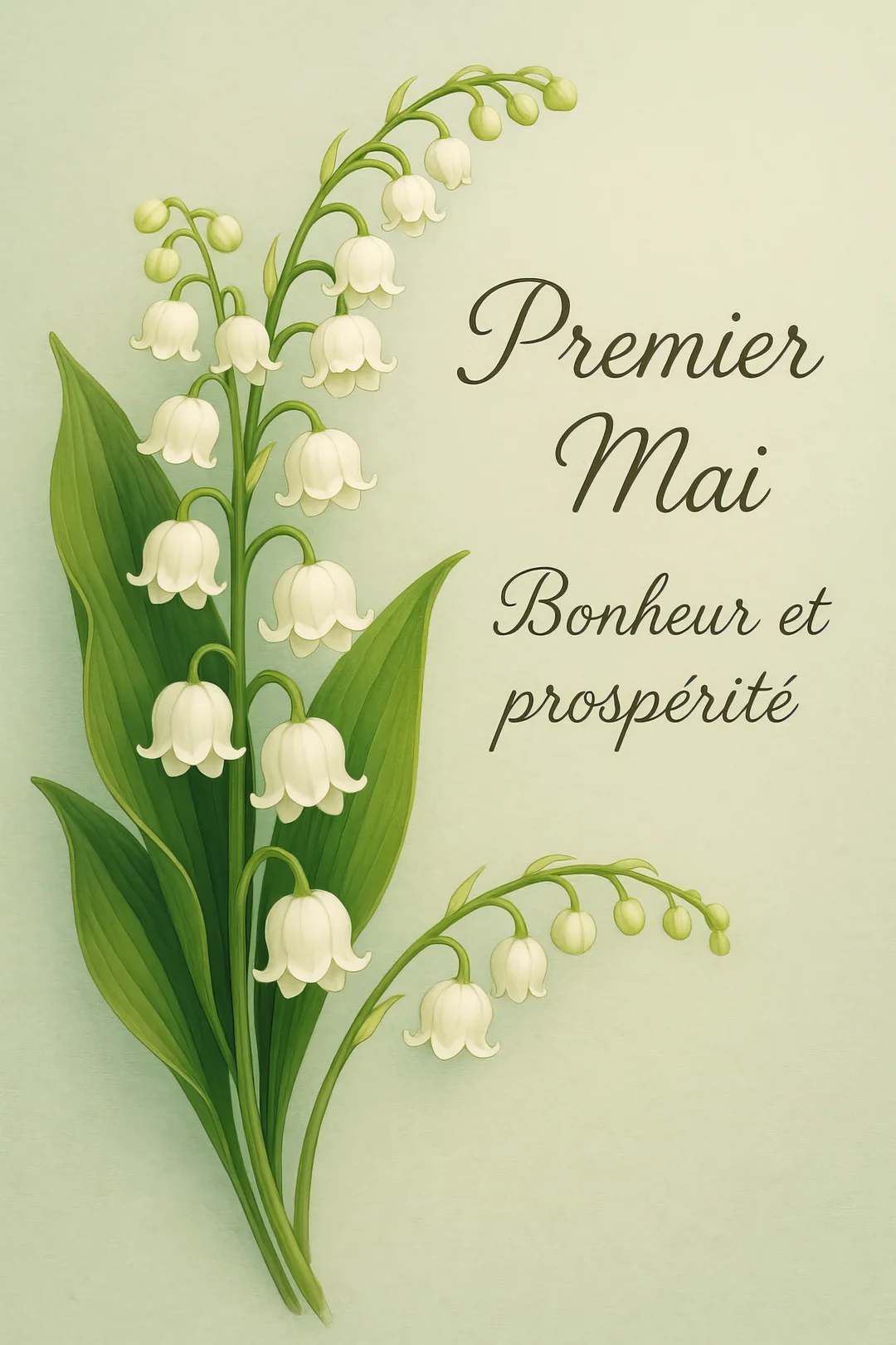 Une illustration de style botanique de plusieurs tiges de muguet avec leurs clochettes blanches et feuilles vertes sur un fond vert pâle.