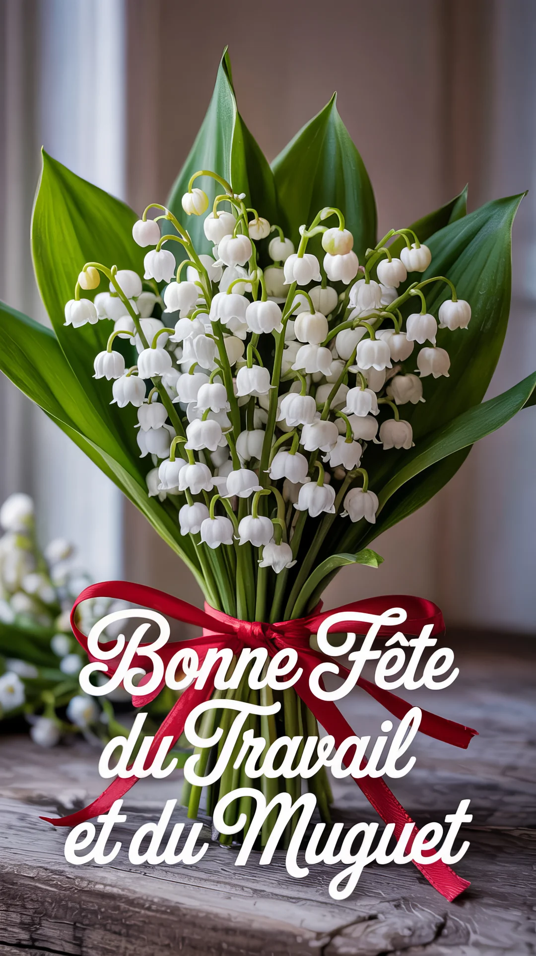 Un bouquet de muguet aux clochettes blanches et feuilles vertes, noué d'un ruban rouge, est posé sur une table en bois rustique.