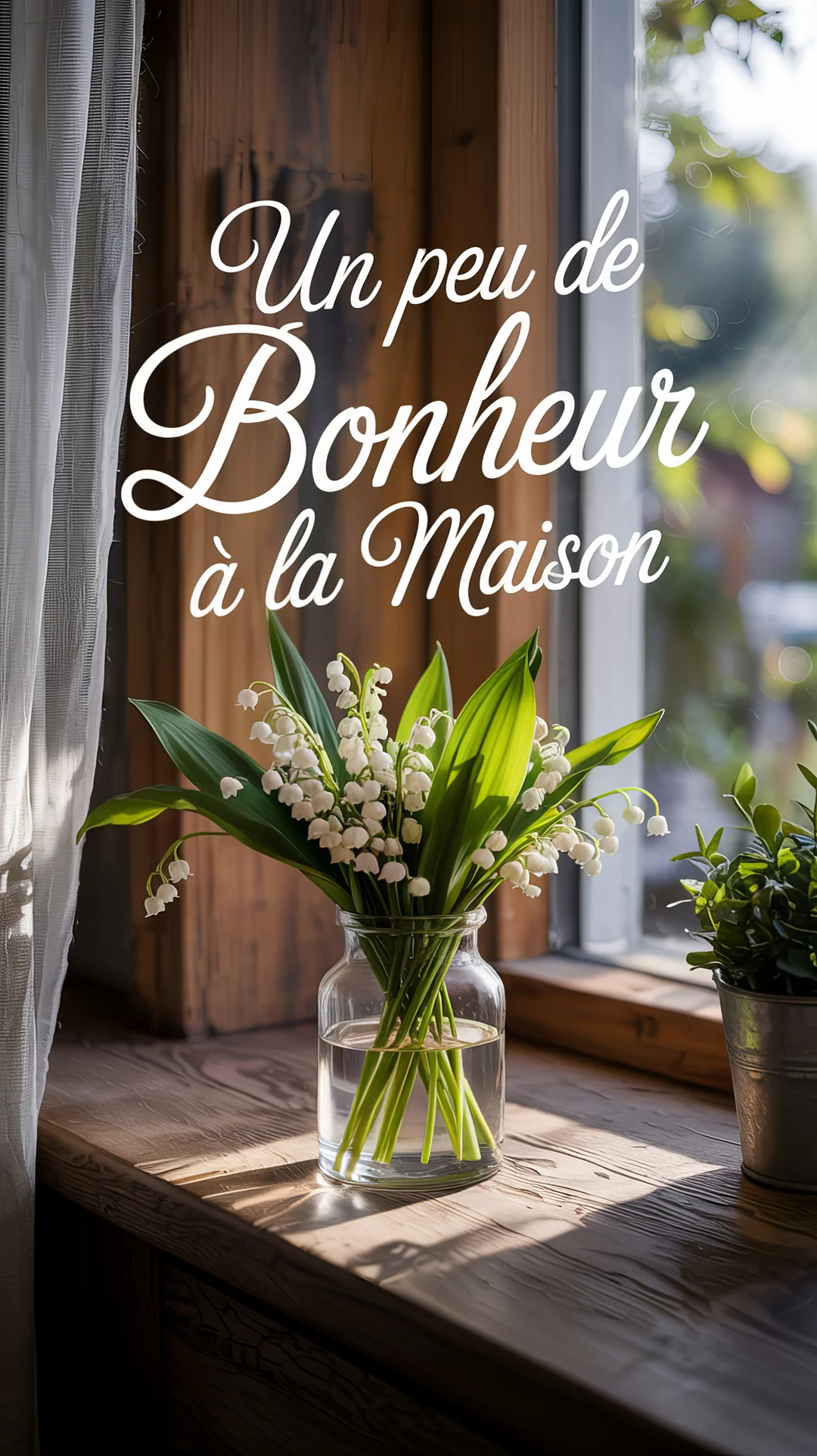 Un bouquet de muguet avec ses clochettes blanches et ses feuilles vertes est posé dans un vase en verre sur une fenêtre ensoleillée.