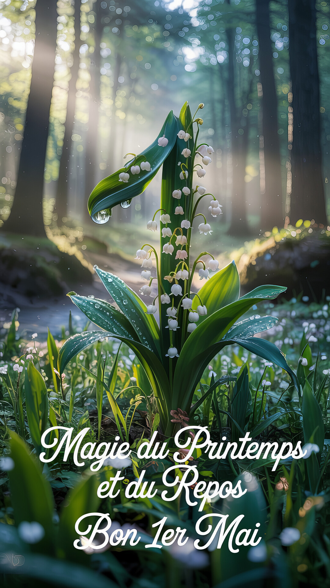 Un brin de muguet stylisé en forme de chiffre un se dresse dans une forêt lumineuse, évoquant la magie et le repos du 1er mai.
