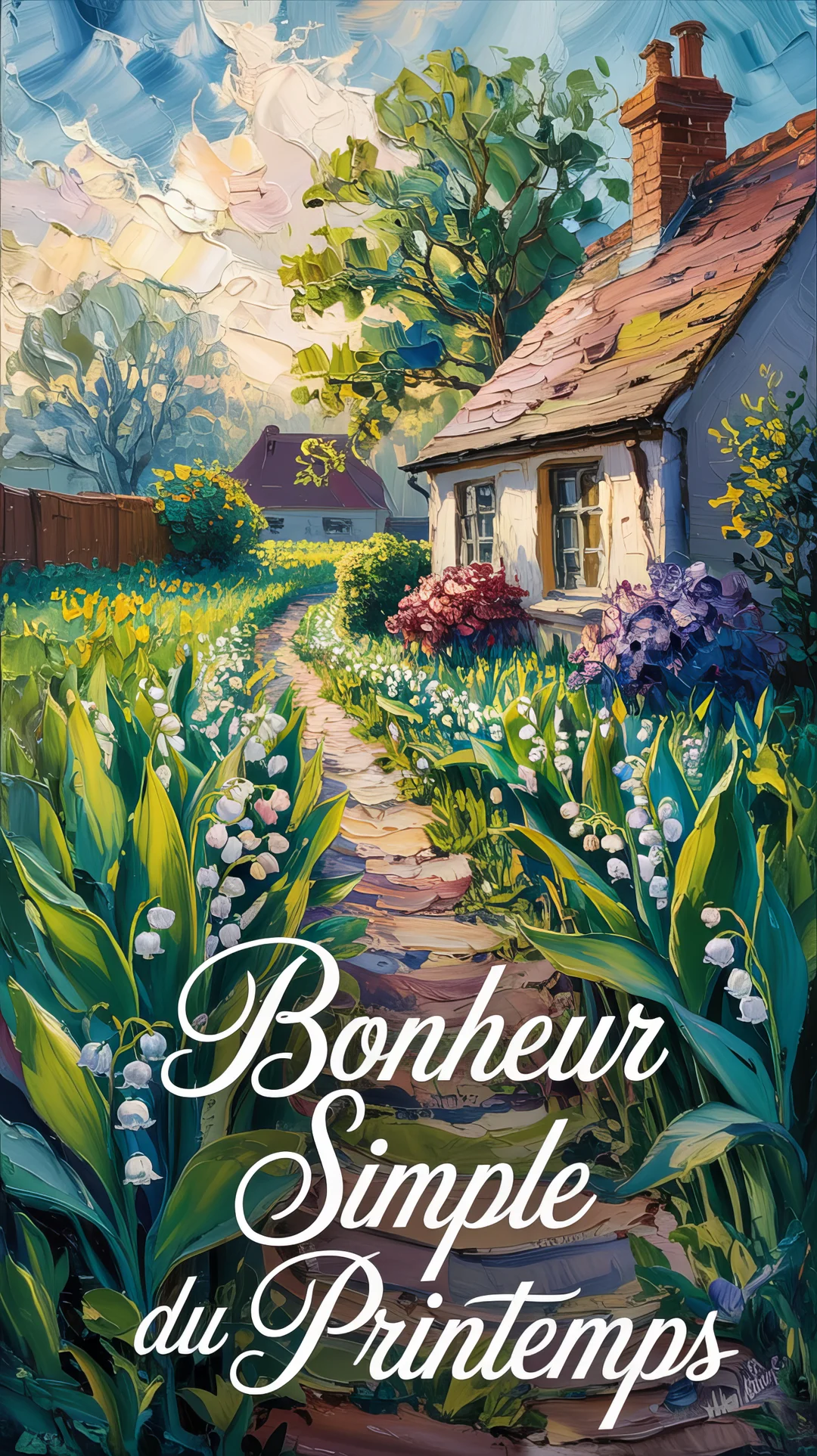 Une peinture de style impressionniste d'une maison de campagne avec un sentier bordé de parterres de muguets sous un ciel printanier.