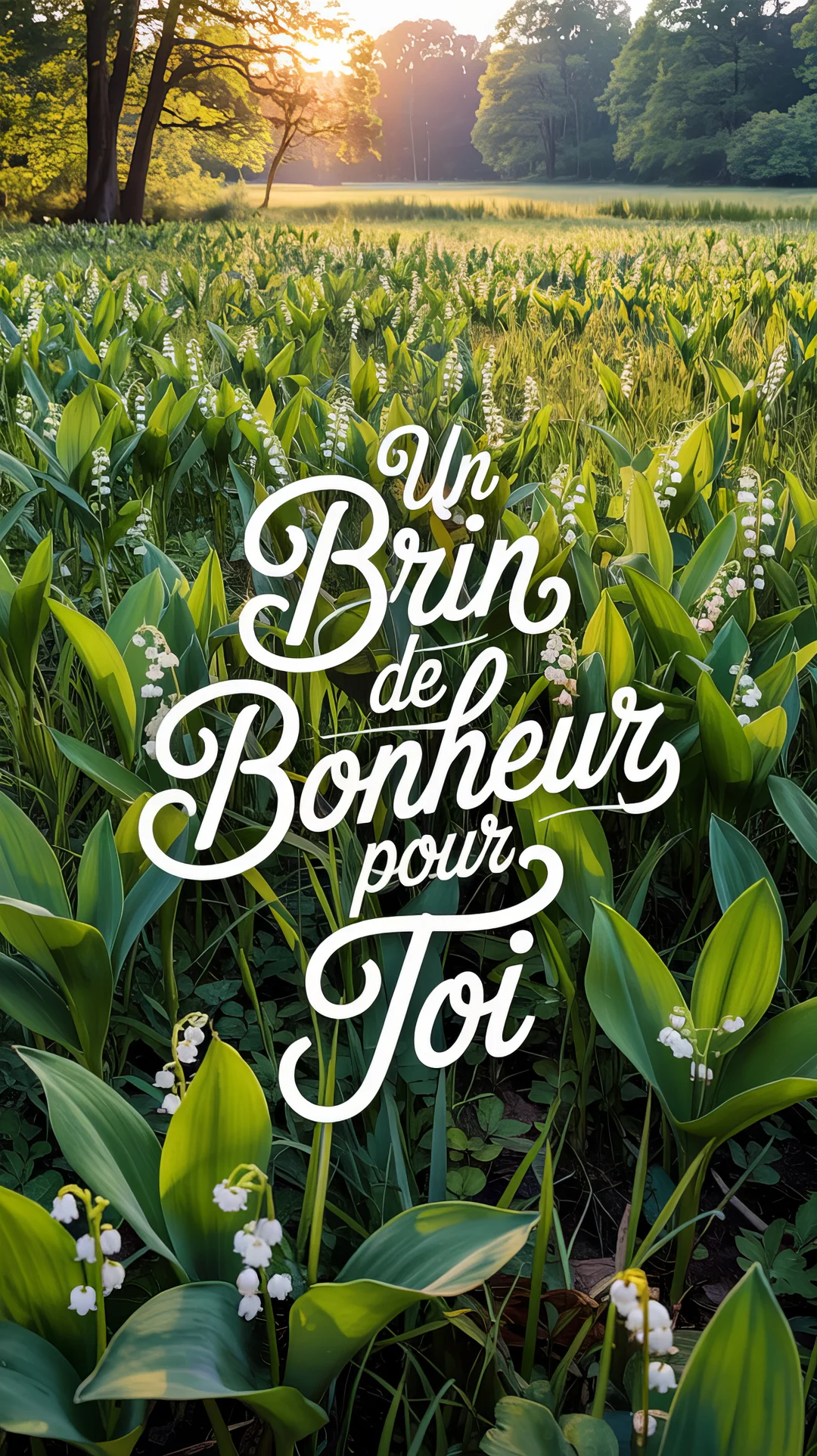 Un champ de muguet fleuri est baigné par la lumière dorée d'un soleil levant, avec une forêt luxuriante se dessinant en arrière-plan.