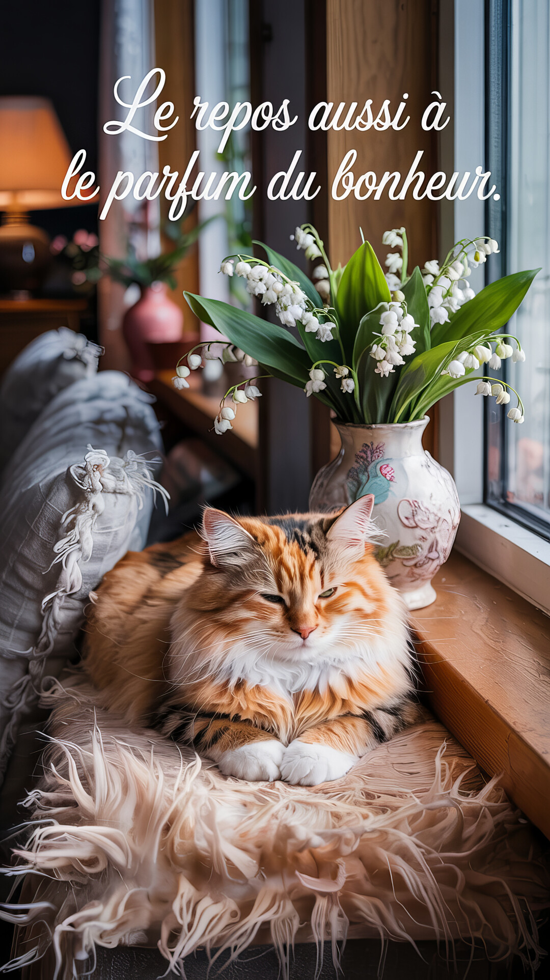 Un chat tricolore à poil long dort paisiblement sur un rebord de fenêtre, à côté d'un bouquet de muguet dans un vase.