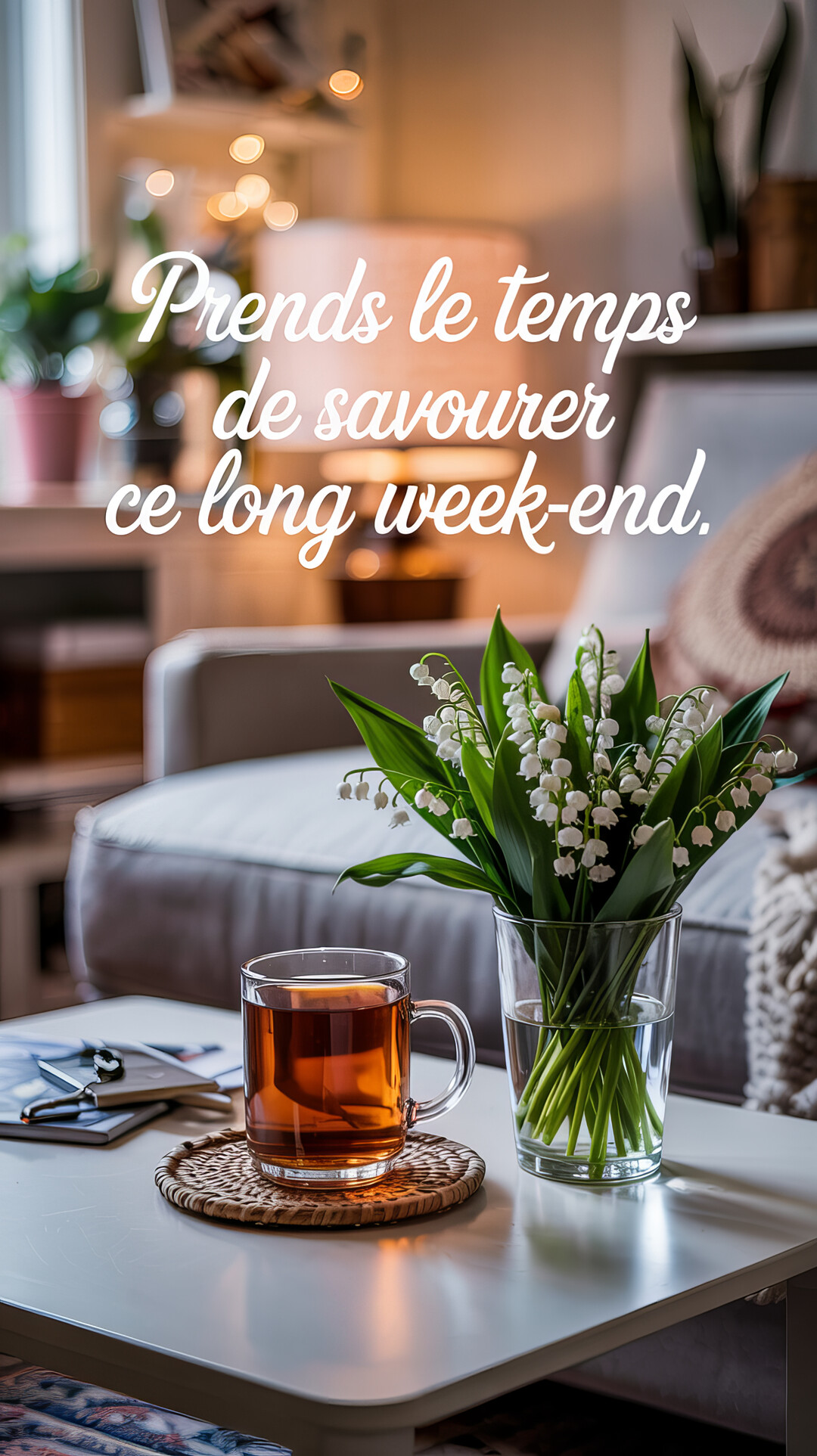 Sur une table basse de salon, une tasse de thé est posée à côté d'un vase contenant un bouquet de muguet frais.