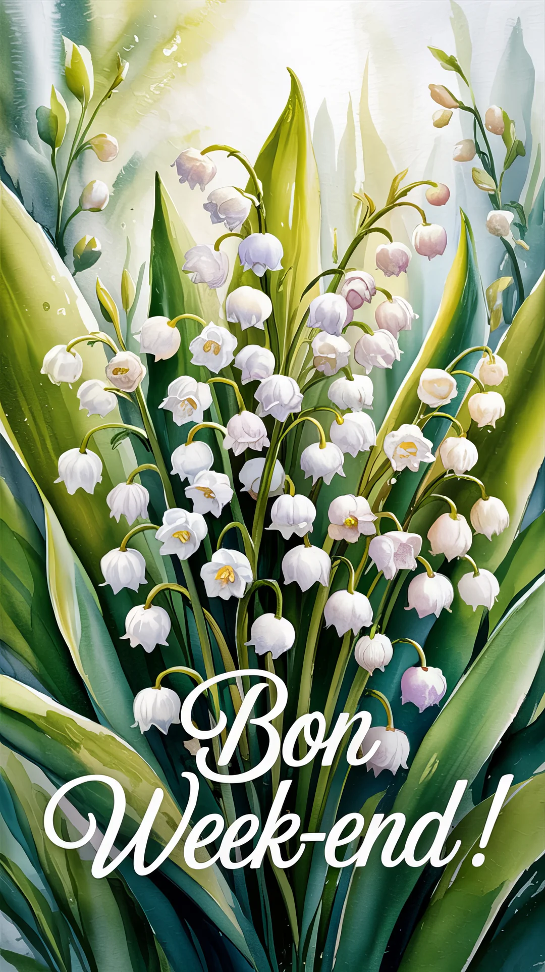 Une peinture de style aquarelle d'un bouquet luxuriant de muguet blanc et de feuilles vertes, avec l'inscription calligraphiée 'Bon Week-end!'.