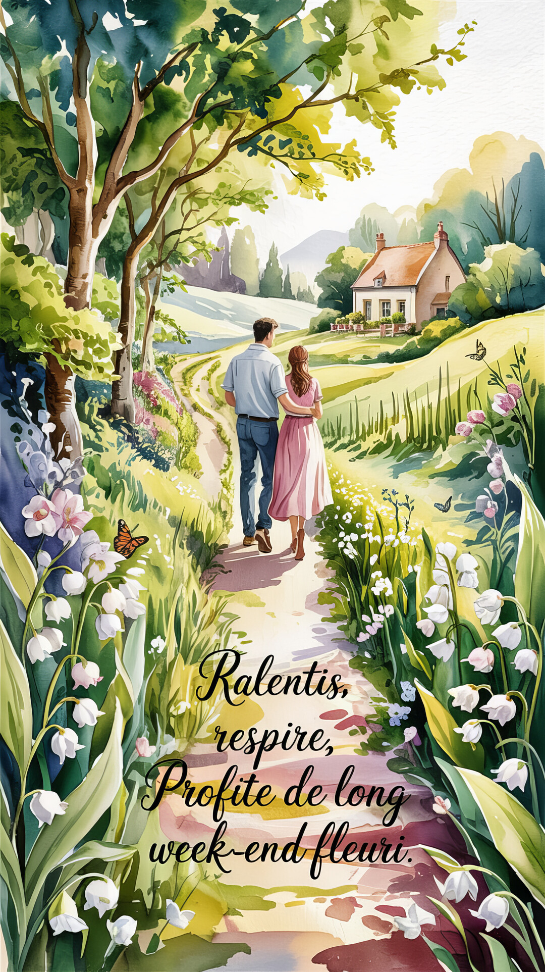 Vue de dos d'un couple se promenant sur un sentier fleuri de muguet vers une maison de campagne, dans un style aquarelle doux.