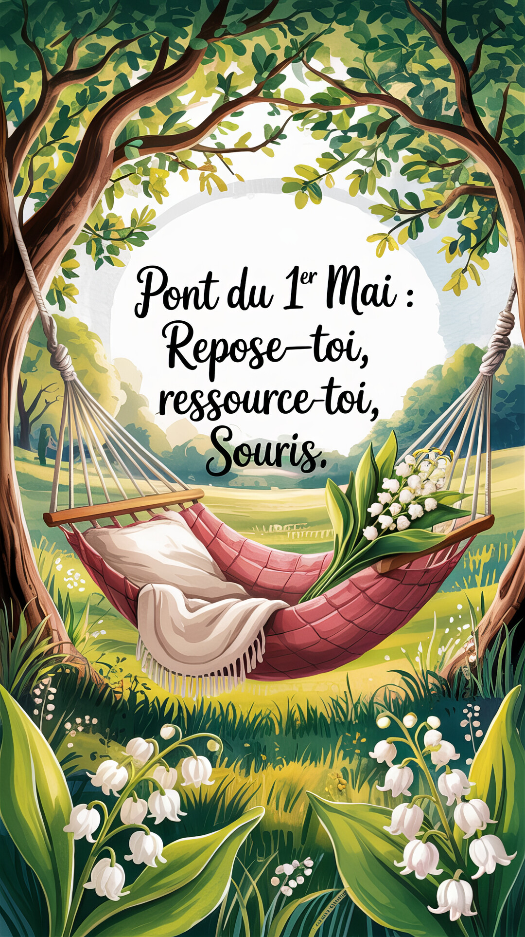 Une illustration d'un hamac rouge suspendu entre deux arbres, avec un bouquet de muguet, dans un paysage printanier verdoyant et fleuri.