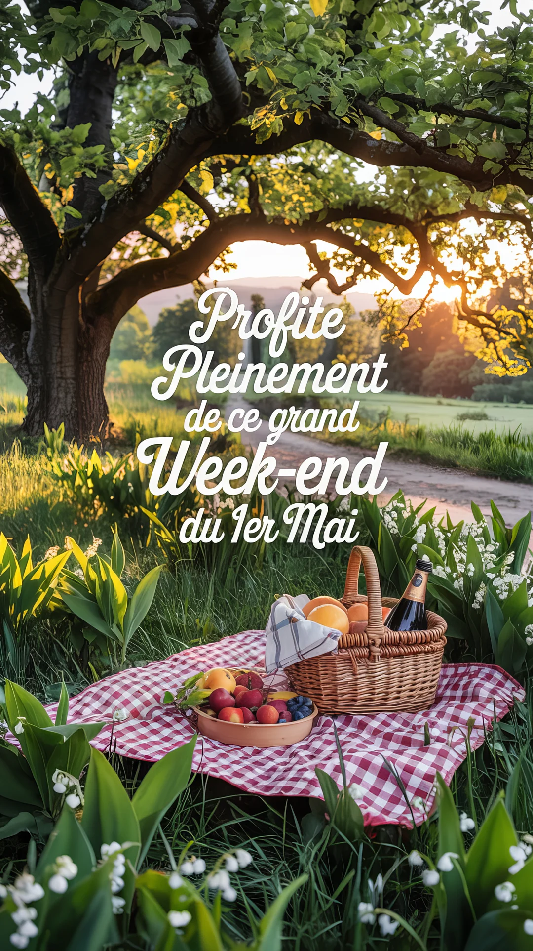 Une scène de pique-nique est dressée sur une nappe à carreaux dans un pré verdoyant, entourée de muguet au soleil couchant.