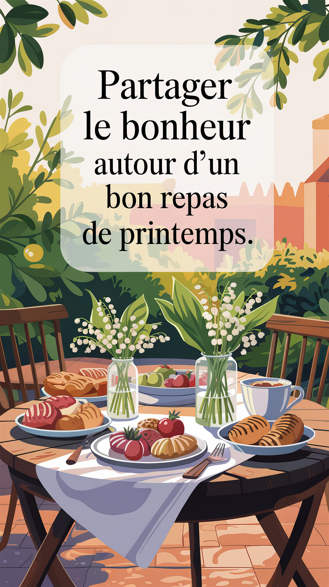 Une illustration d'une table de jardin dressée pour un repas de printemps, ornée de vases de muguet et entourée d'une végétation luxuriante.