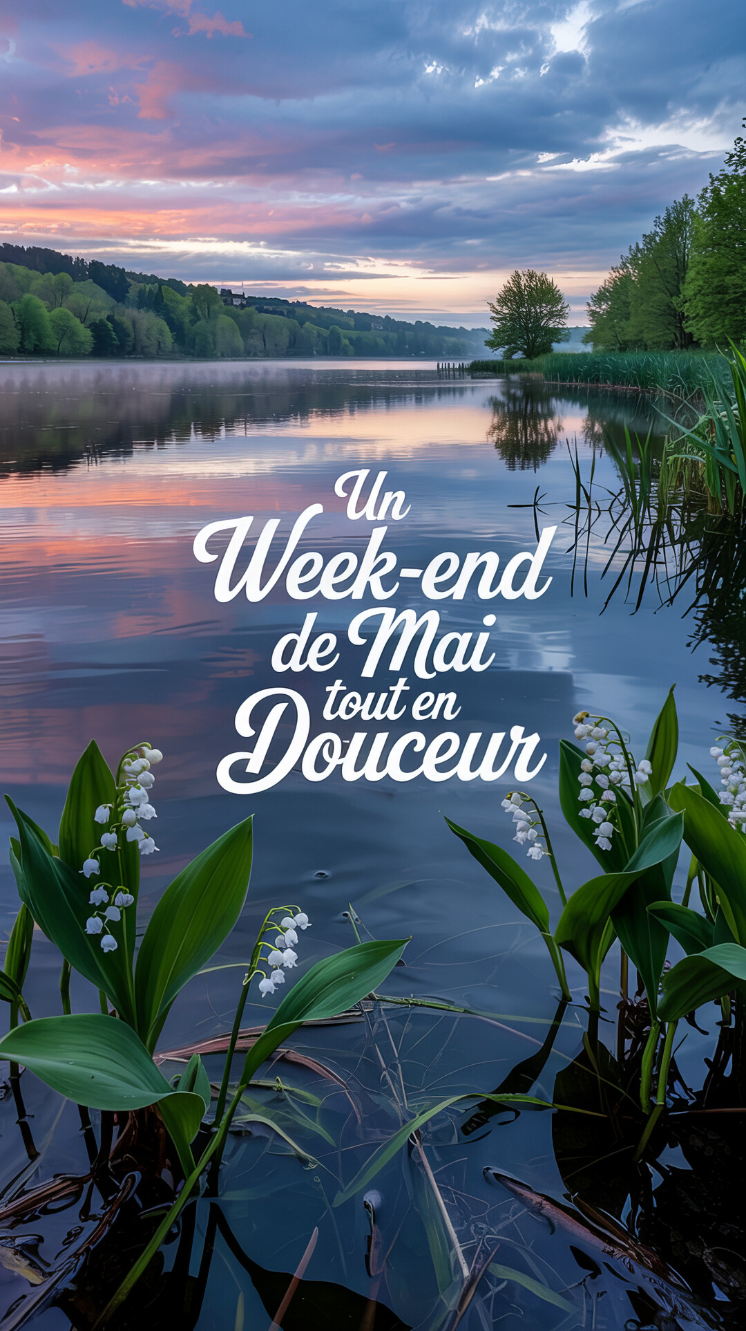 Paysage paisible d'un lac au crépuscule avec des brins de muguet au premier plan et un ciel aux teintes rosées et bleues.