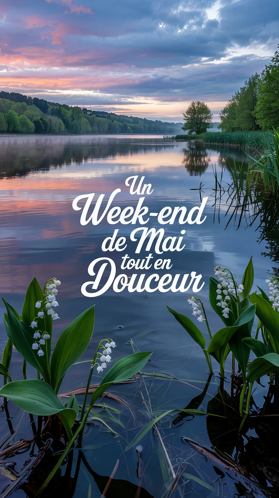 Paysage paisible d'un lac au crépuscule avec des brins de muguet au premier plan et un ciel aux teintes rosées et bleues.