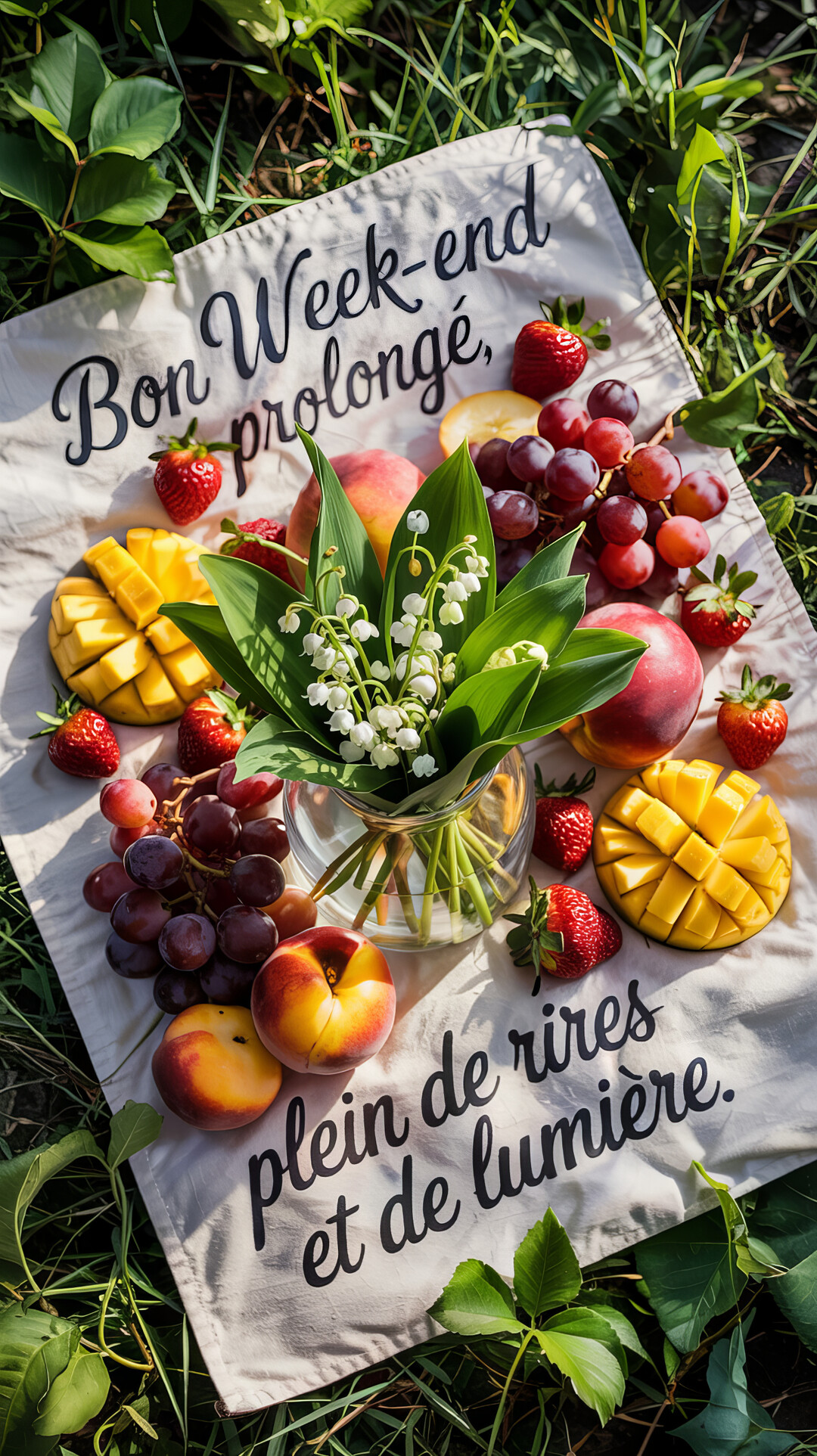 Une composition de pique-nique en plein air avec un vase de muguet, des fruits colorés et un message de vœux sur une nappe.