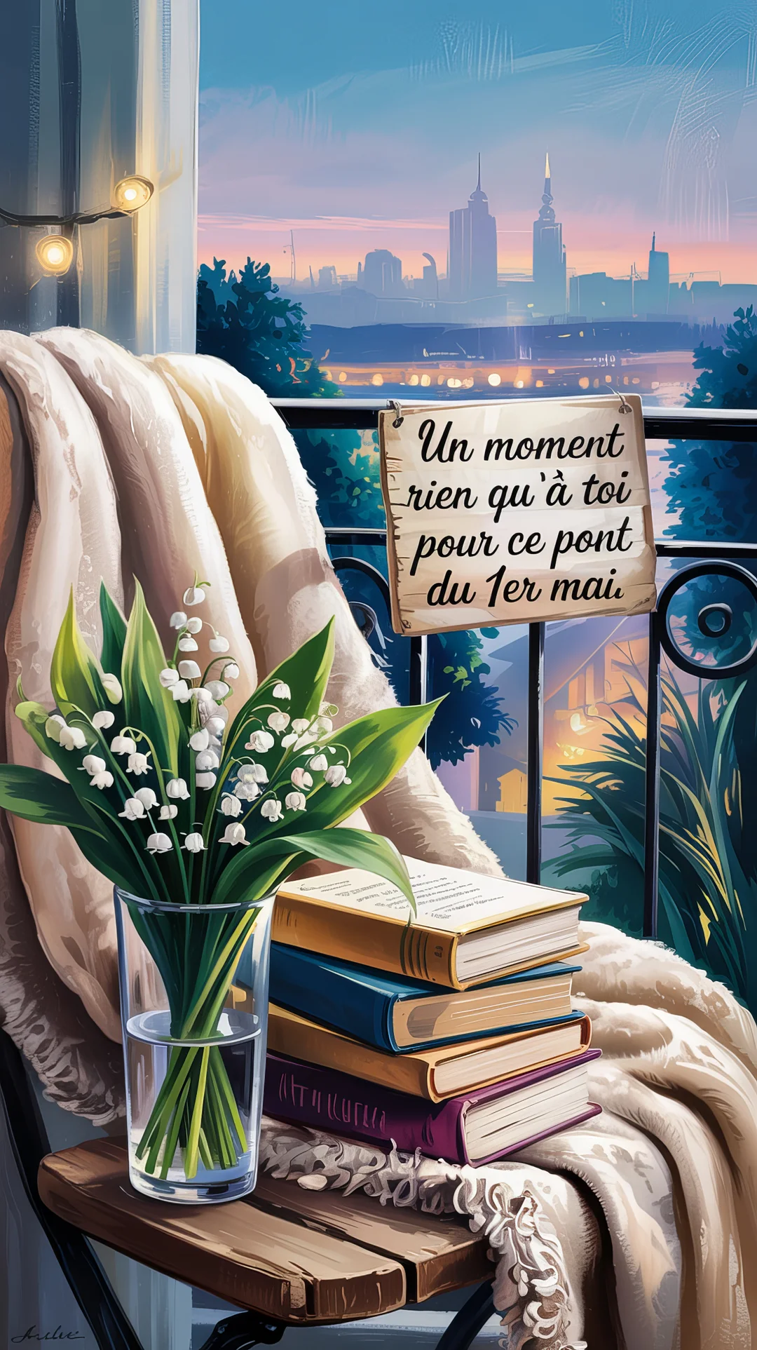 Sur un balcon au crépuscule, un bouquet de muguet et des livres sont posés sur une chaise, avec une vue sur une ville lointaine.