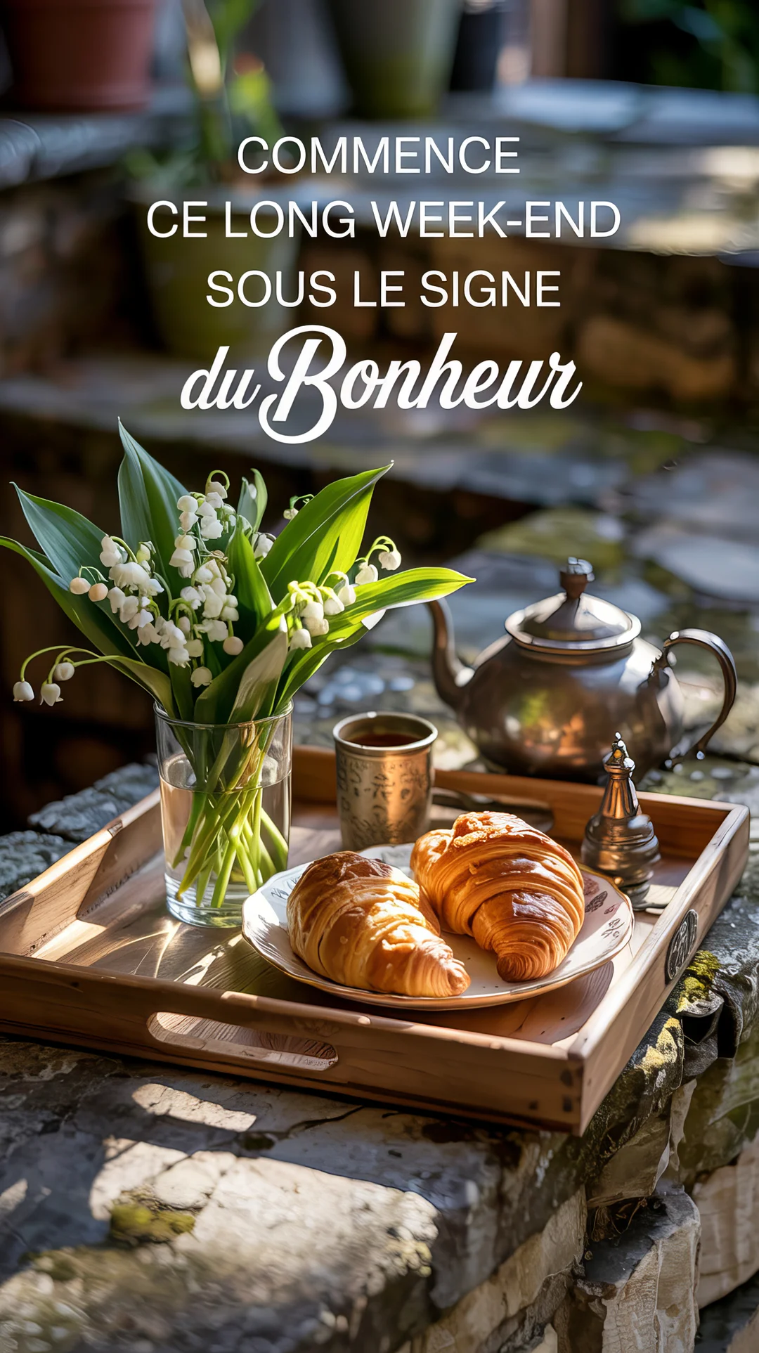 Un plateau de petit-déjeuner en bois est posé sur un muret en pierre, contenant un bouquet de muguet, deux croissants et une théière.