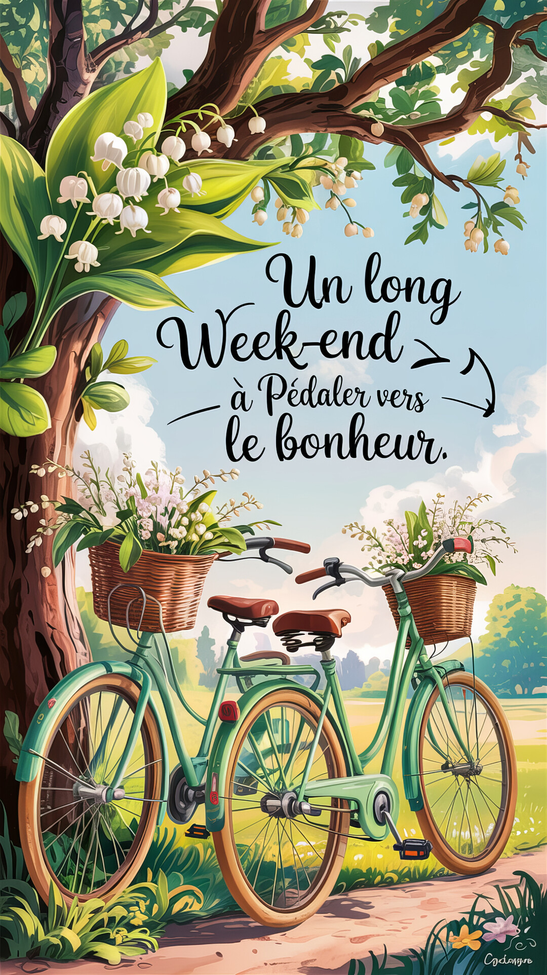 Deux vélos vintage verts sont garés sous un grand arbre fleuri de muguet, avec une vue sur un chemin de campagne ensoleillé.