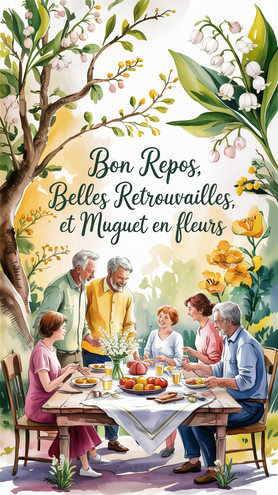 Une illustration à l'aquarelle d'une famille multigénérationnelle partageant un repas en plein air, sous des branches de muguet en fleurs.