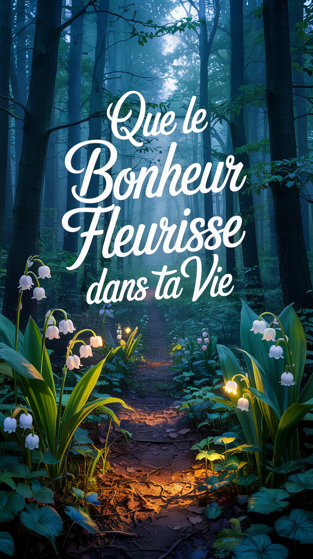Un sentier dans une forêt sombre est bordé de brins de muguet lumineux, avec une inscription poétique sur le bonheur au centre.