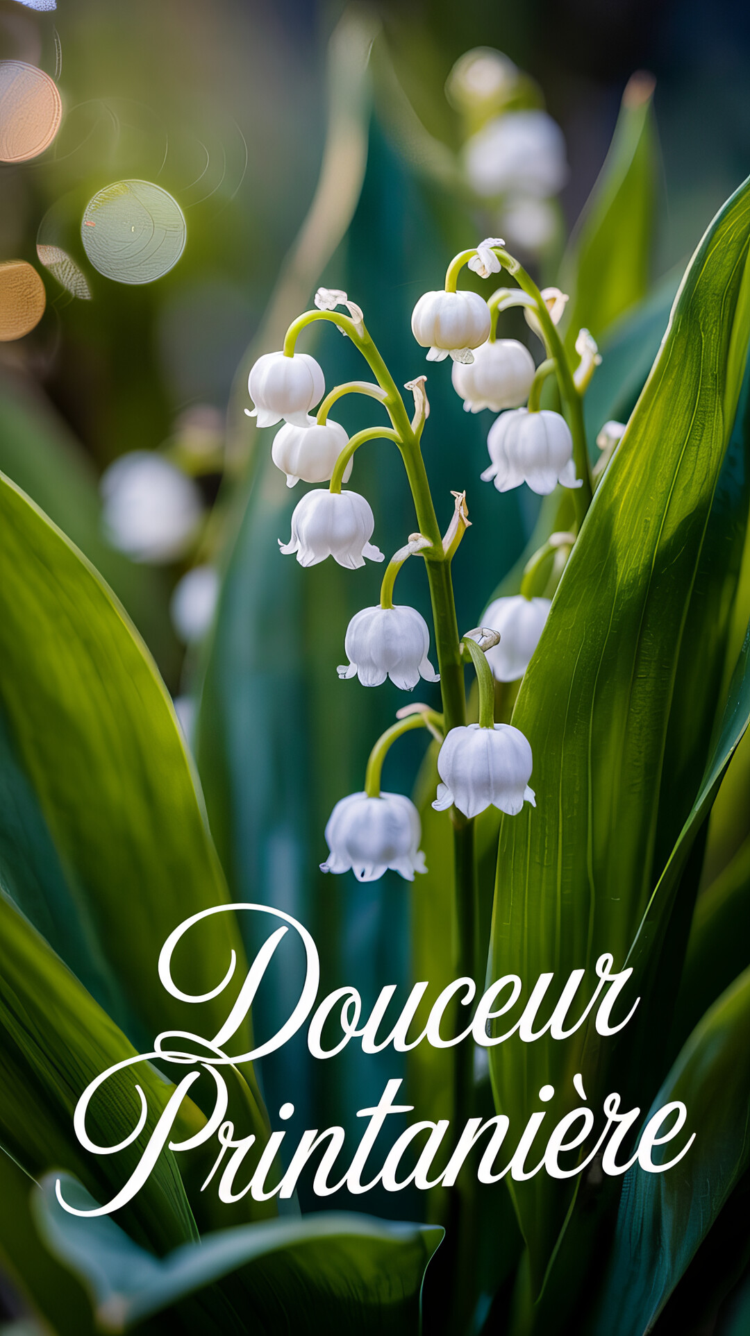 Gros plan photographique d'un brin de muguet aux délicates clochettes blanches, entouré de feuilles vertes luxuriantes sur un fond flou et lumineux.