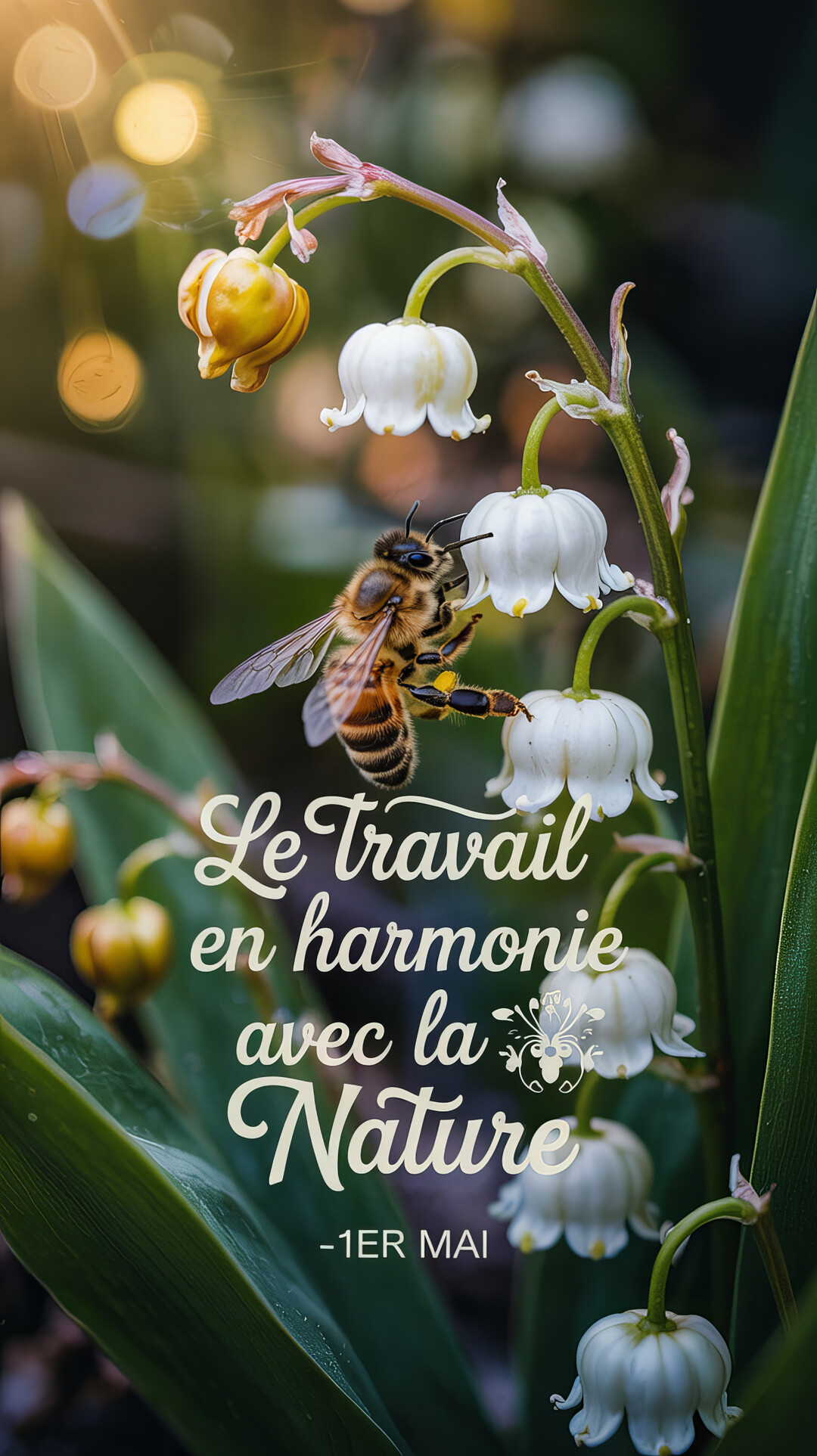 En gros plan, une abeille récolte du pollen sur les clochettes blanches d'un brin de muguet dans une lumière chaude et naturelle.