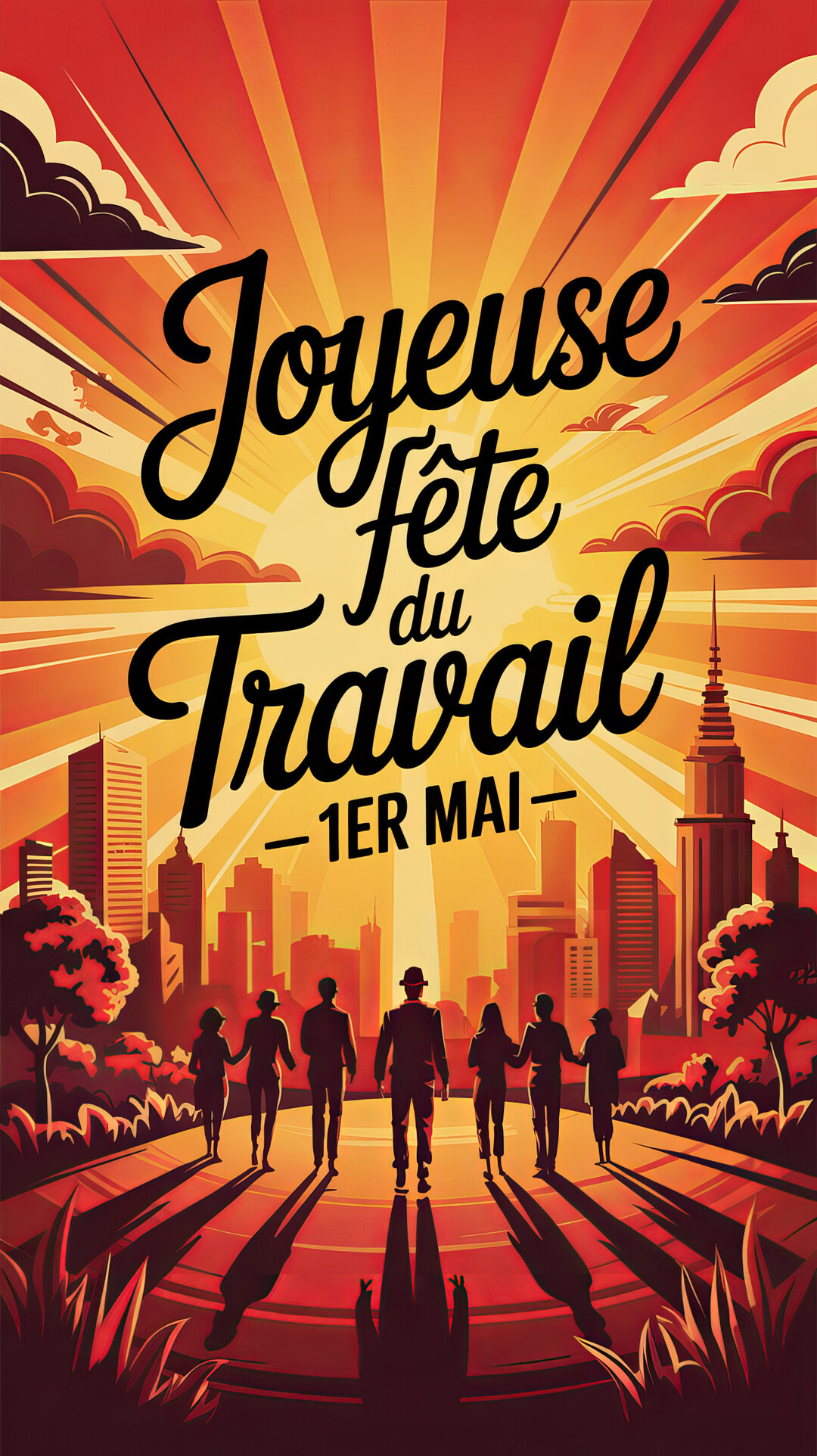 Une illustration de style rétro montrant un groupe de travailleurs en silhouette marchant sur un chemin vers une ville, sous un soleil orange vif.