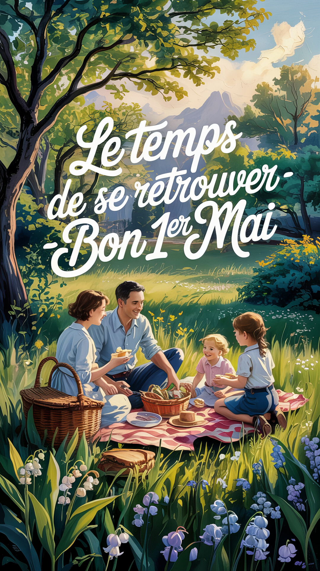 Une famille, composée de parents et de deux jeunes filles, pique-nique joyeusement sur une nappe dans une prairie verdoyante et fleurie.