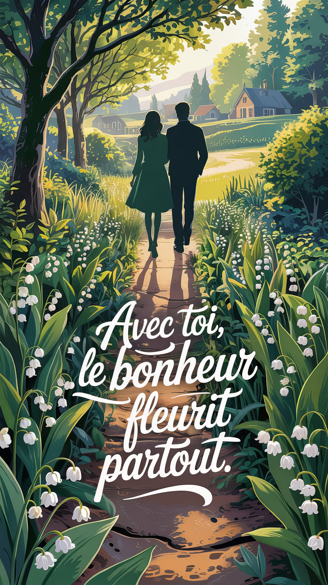 Un couple se promène de dos sur un chemin de campagne ensoleillé, bordé de muguets en fleurs, sous de grands arbres.