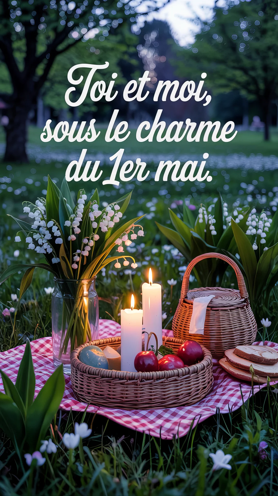 Une scène de pique-nique nocturne dans un pré, avec un bouquet de muguet, des bougies allumées, un panier en osier et de la nourriture.