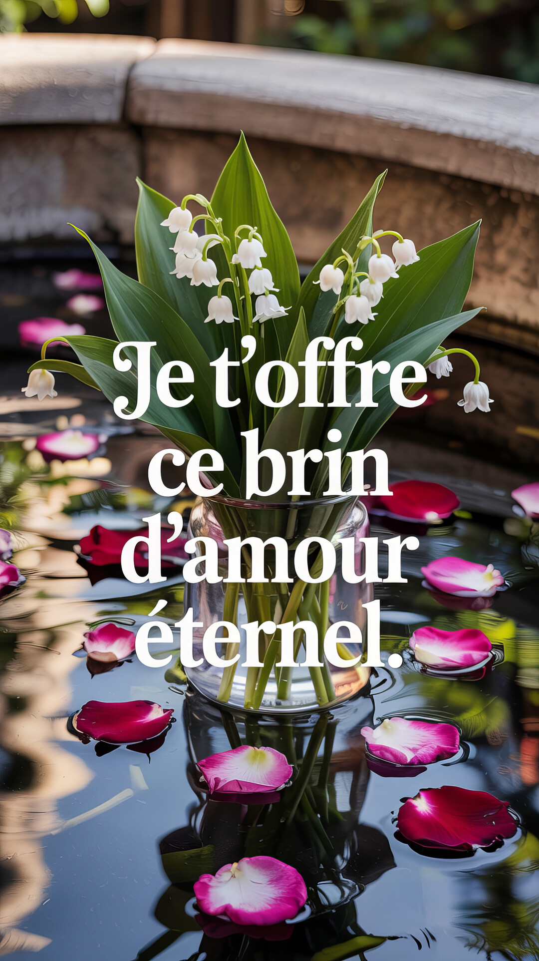 Un bouquet de muguet blanc dans un vase en verre est posé dans une eau sombre où flottent des pétales de roses roses.