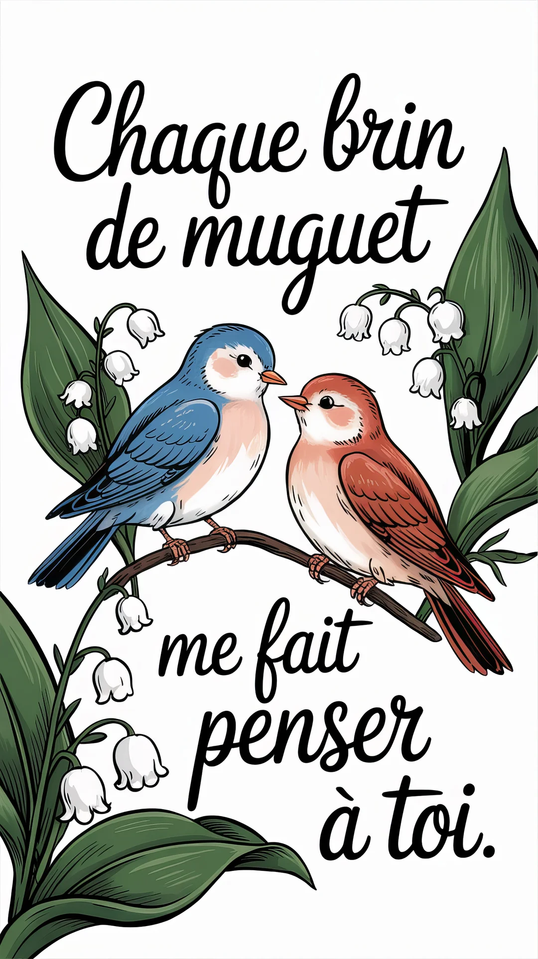 Deux oiseaux, un bleu et un rouge, sont perchés sur une branche face à face, entourés de fleurs de muguet et de feuilles vertes.